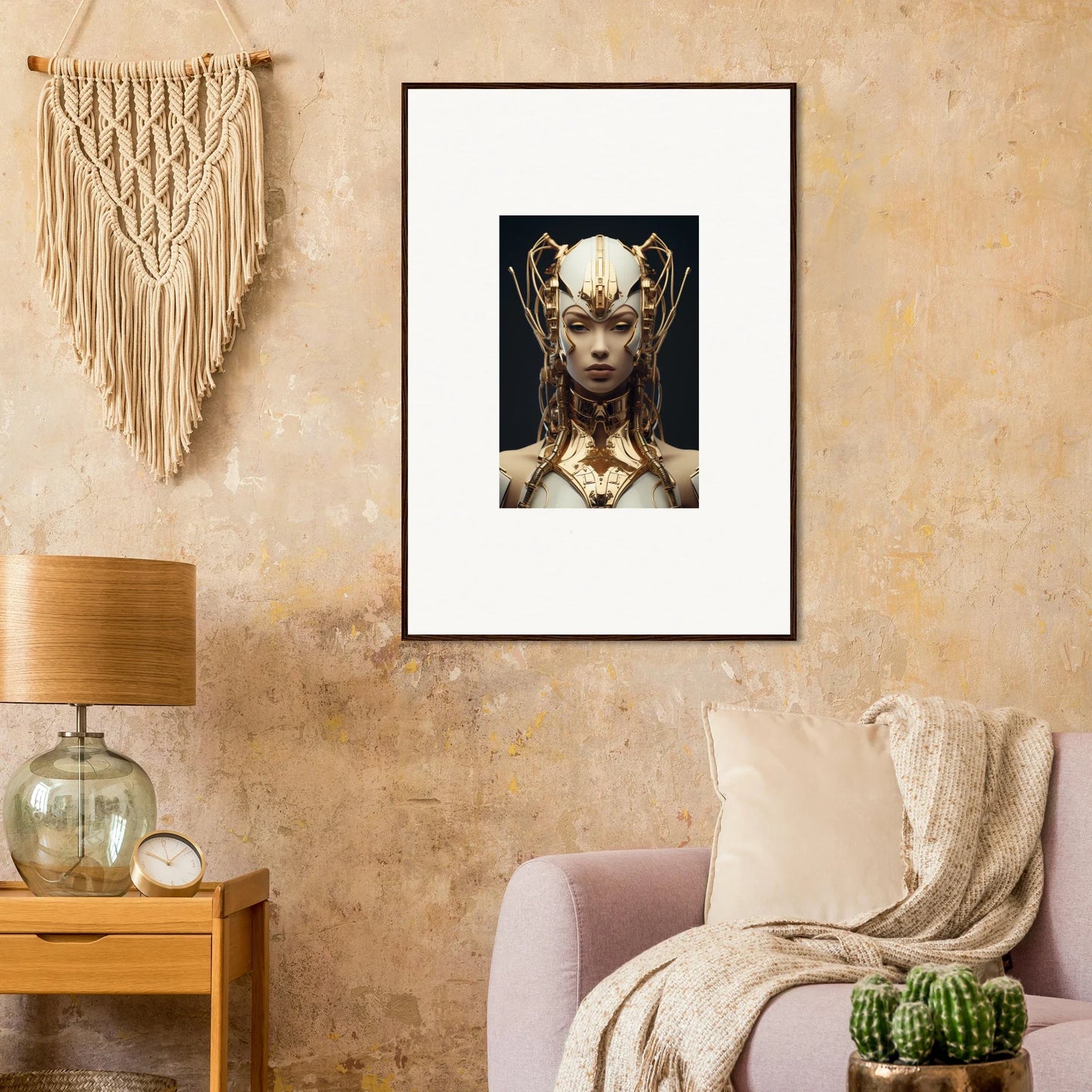 Framed portrait of a fantasy figure with headdress, perfect for echoes muse room decoration