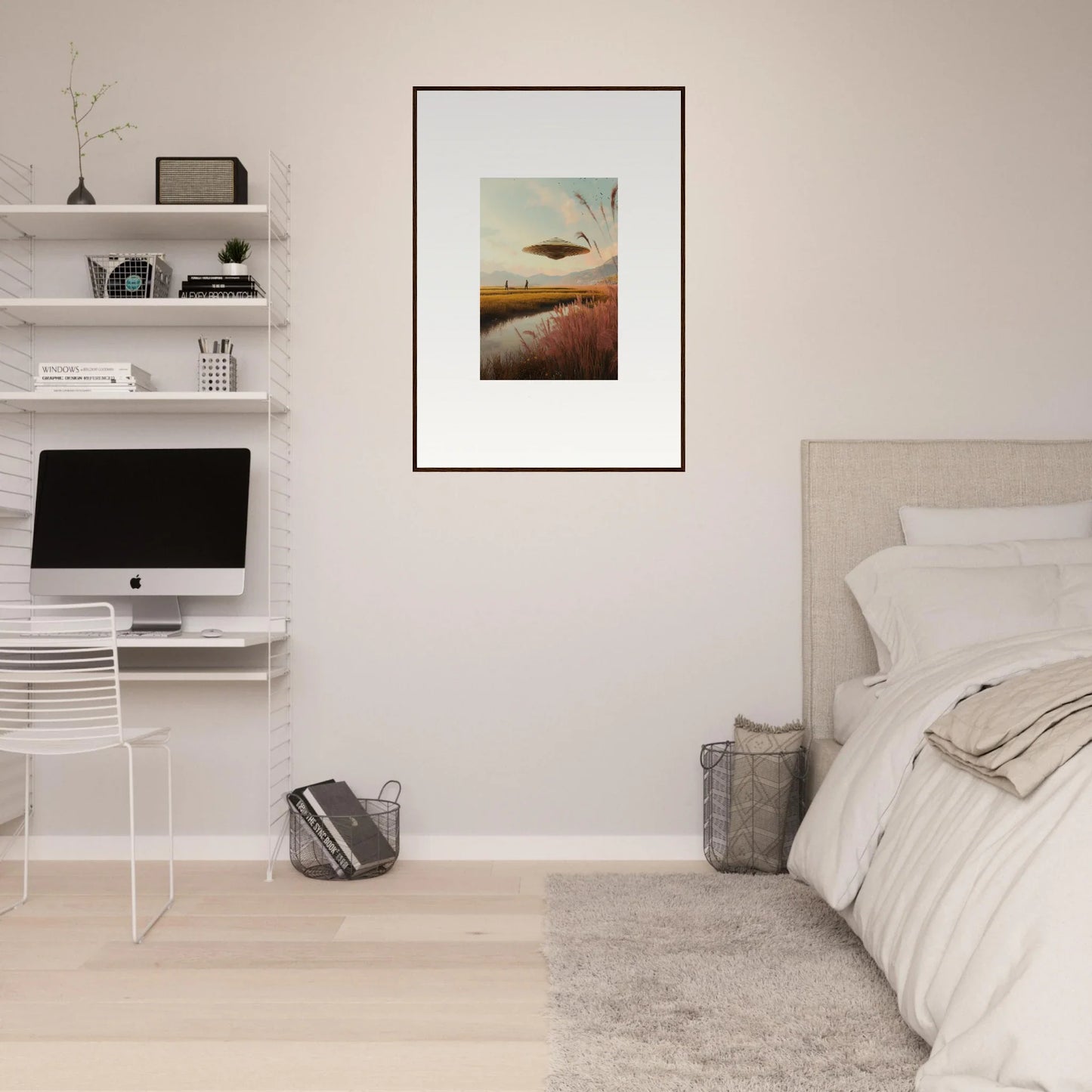 Minimalist bedroom featuring Floating Meadow Raindancers framed wall art and sleek decor