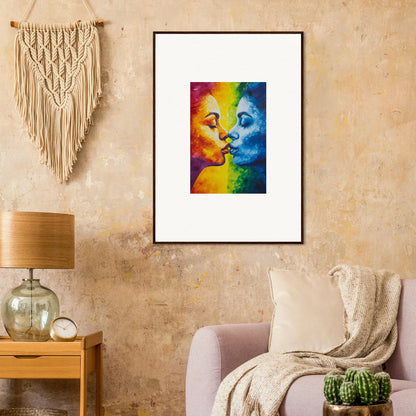 Framed rainbow artwork of a serene kiss perfect for unique room decoration