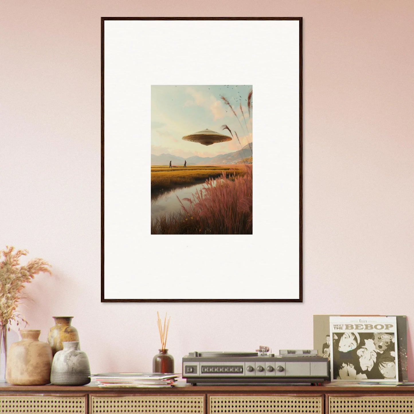 Framed wall art of a UFO over a marsh sunset for unique room decor with Meadow Raindancers