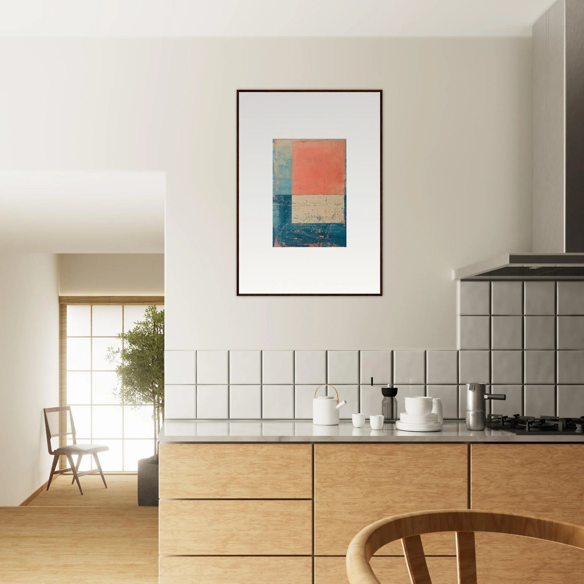 Modern kitchen featuring wooden cabinetry and Palette Whispers canvas print for room decoration