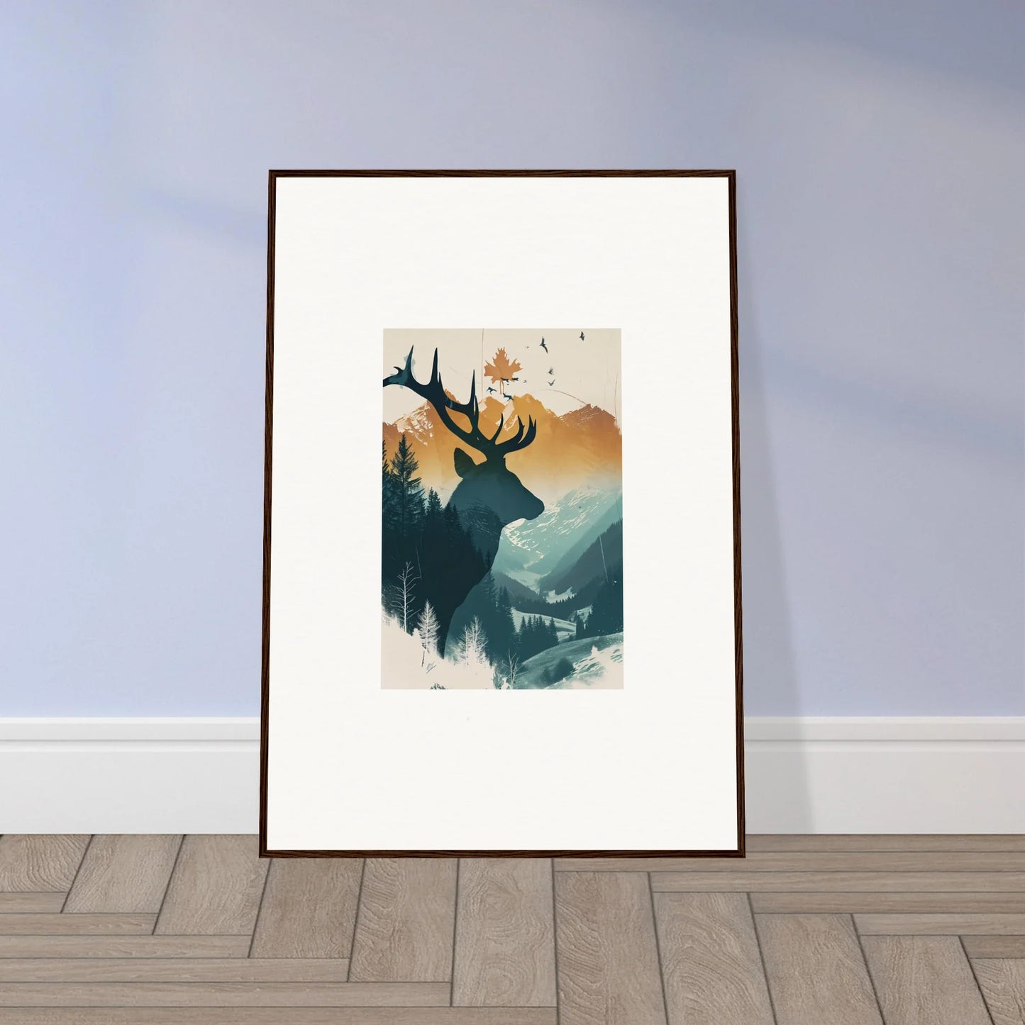 Framed canvas print of a deer silhouette in Stag Haze for cool room decoration