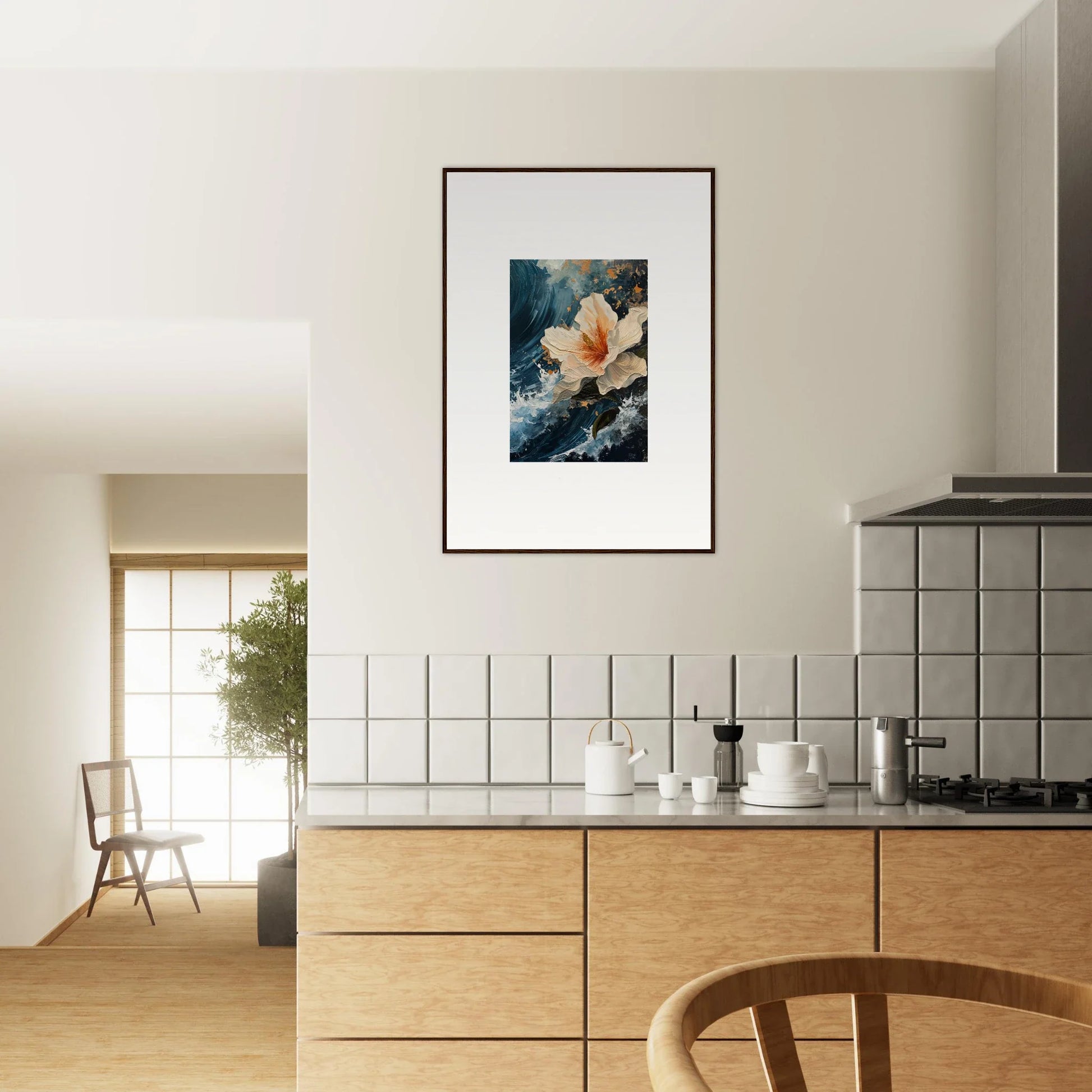 Modern kitchen with wooden cabinets and Petal Waves canvas print for room decoration