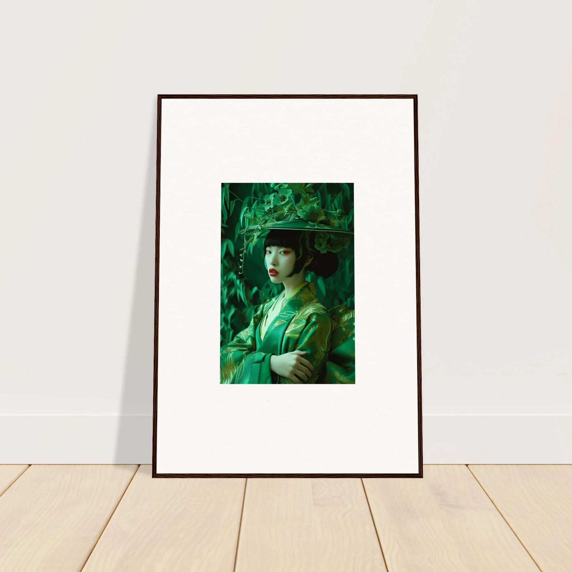 Framed canvas print of woman in green, perfect for room decoration with a whispering spectacle