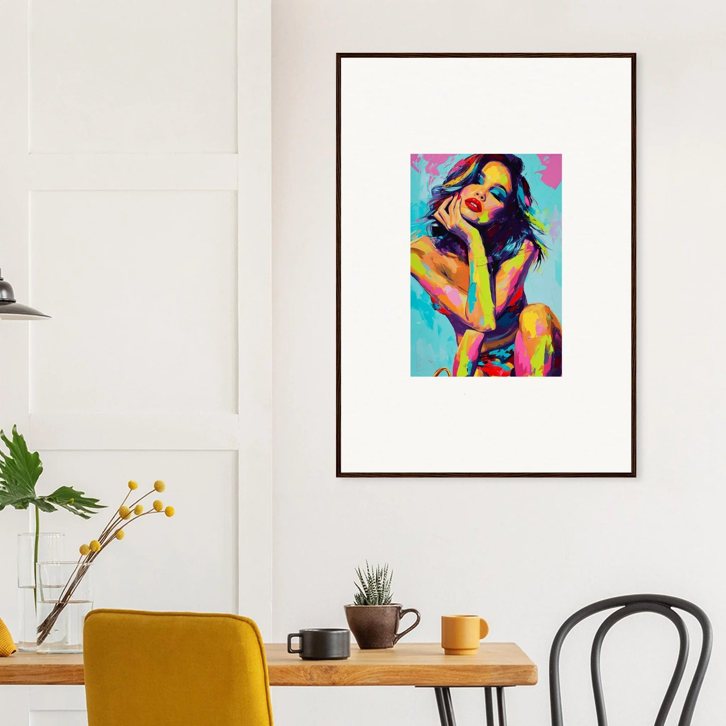 Colorful pop art canvas print of a woman, perfect for daydream muse room decoration