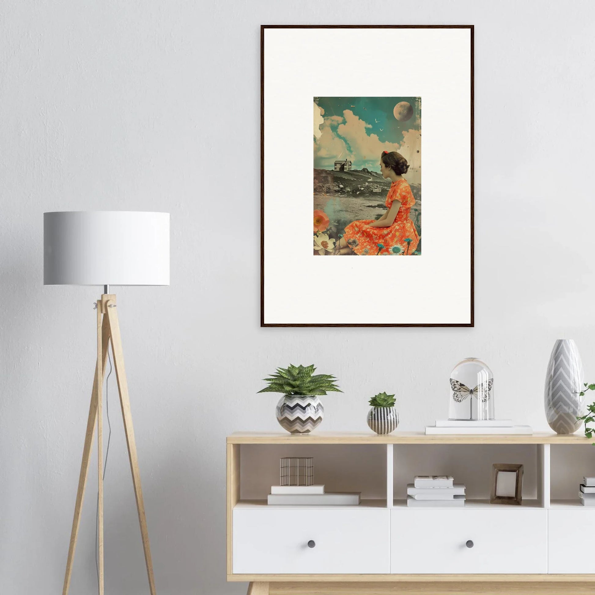 Framed canvas print of a woman in an orange dress, perfect for color reverie room decoration