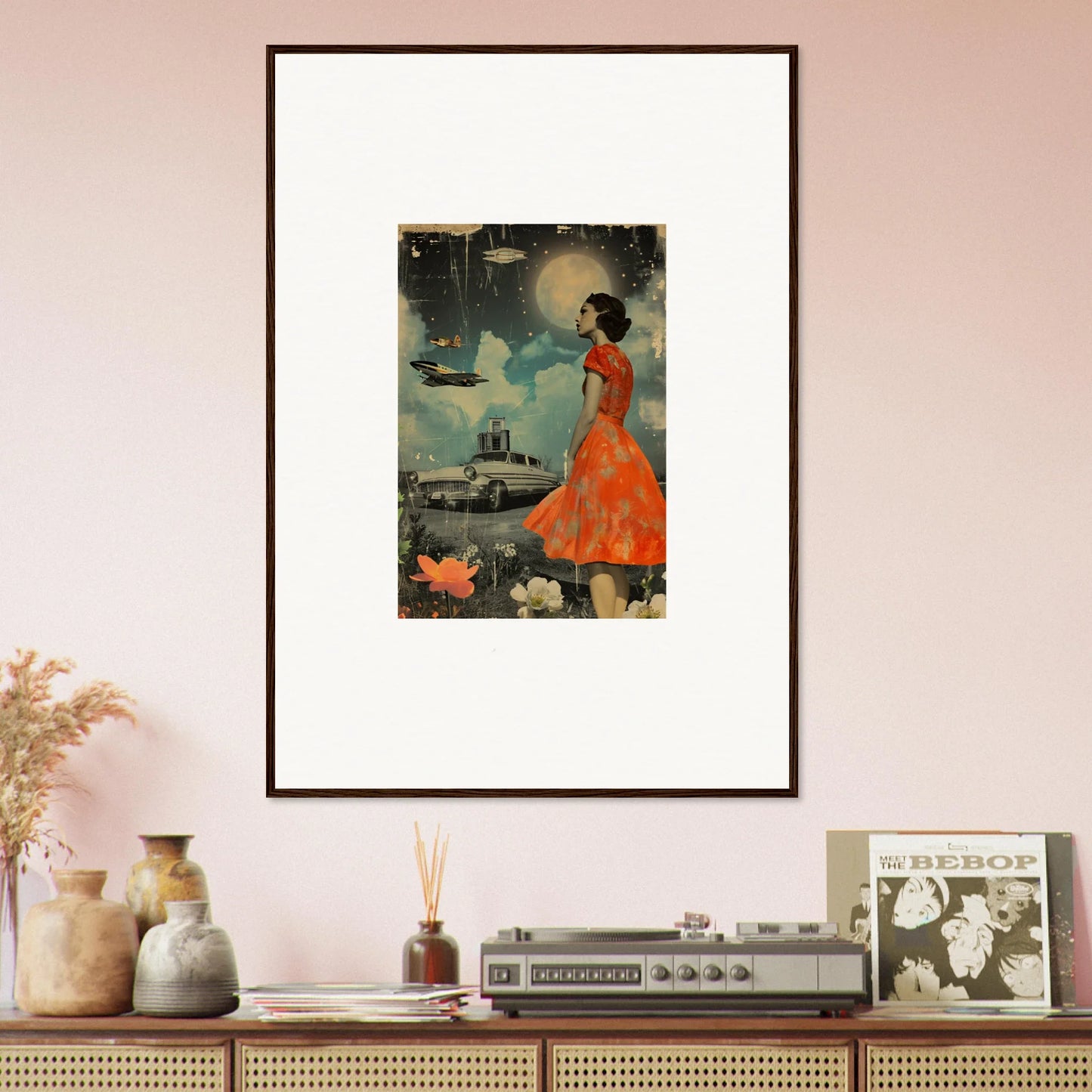 Framed canvas print of a woman in an orange dress for retro bloom room decoration