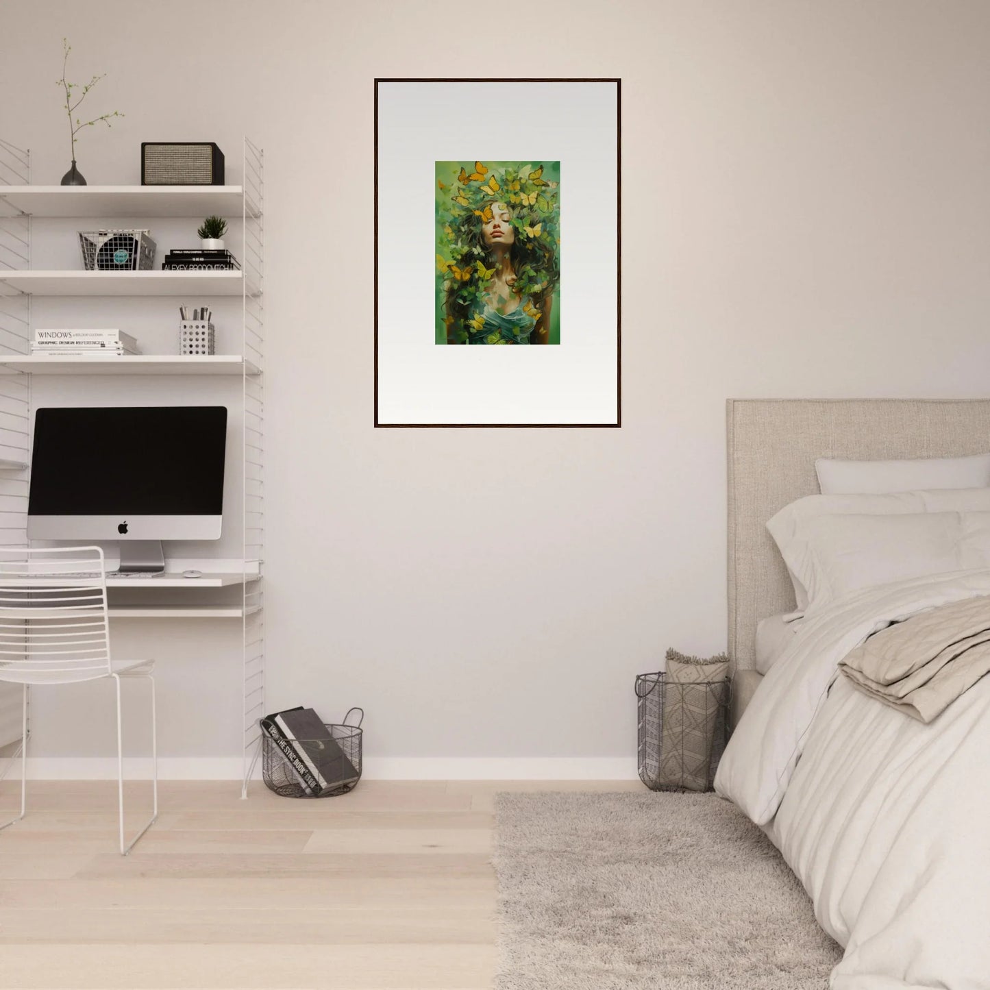 Framed canvas print of a figure in greenery for vibrant room decoration, chrysalis ecstasy