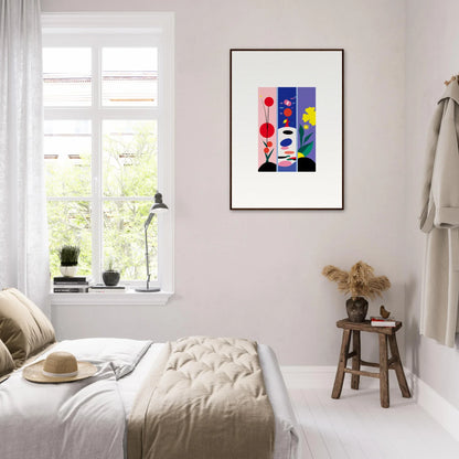 Framed canvas print of Huescape Bloom with colorful geometric shapes and a face