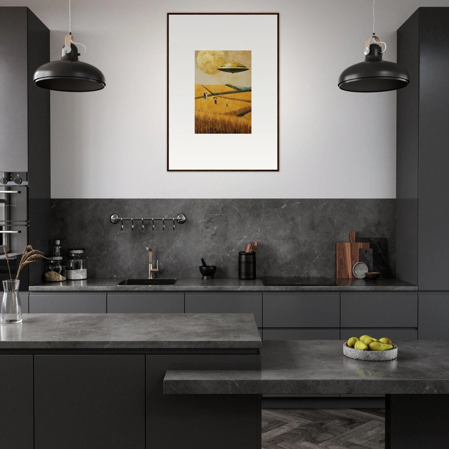 Modern kitchen with dark gray cabinets and a Melancholy Field canvas print for room decoration