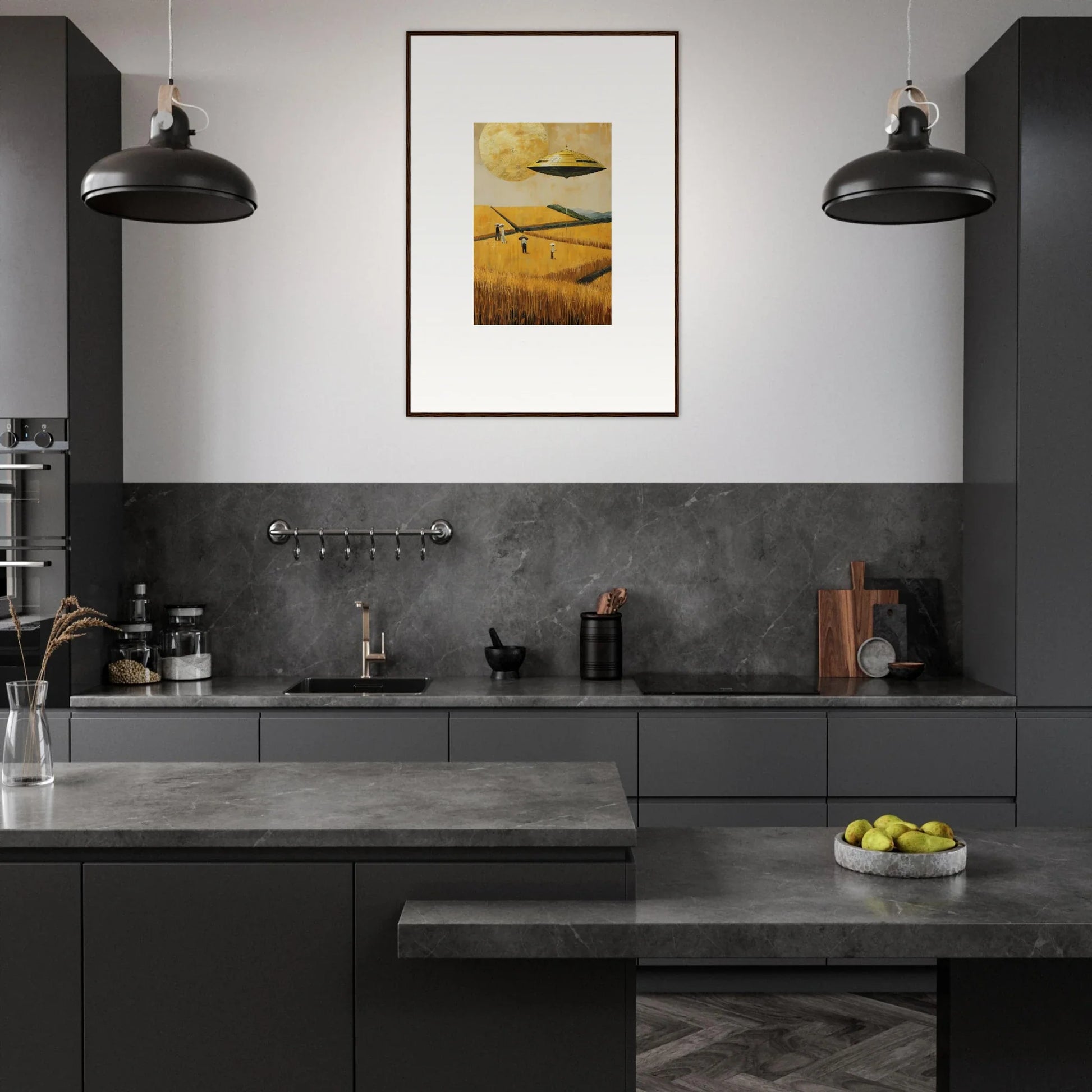 Modern kitchen with dark gray cabinets and a Melancholy Field canvas print for room decoration