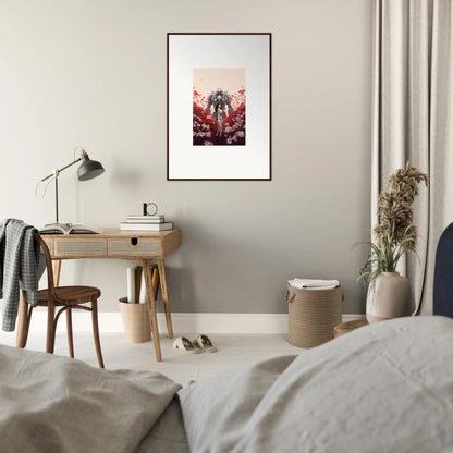 Framed canvas print of Boundary Whimsy figure in red foliage, perfect for room decoration