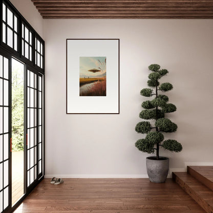 Framed wall art of a UFO over a sunset meadow, perfect room decor for enthusiasts