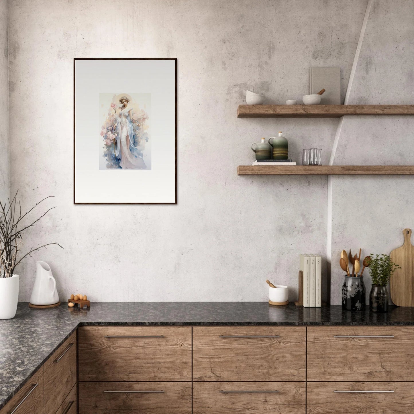 Modern kitchen with wooden cabinets, open shelving, and a Blossom Serenade canvas print