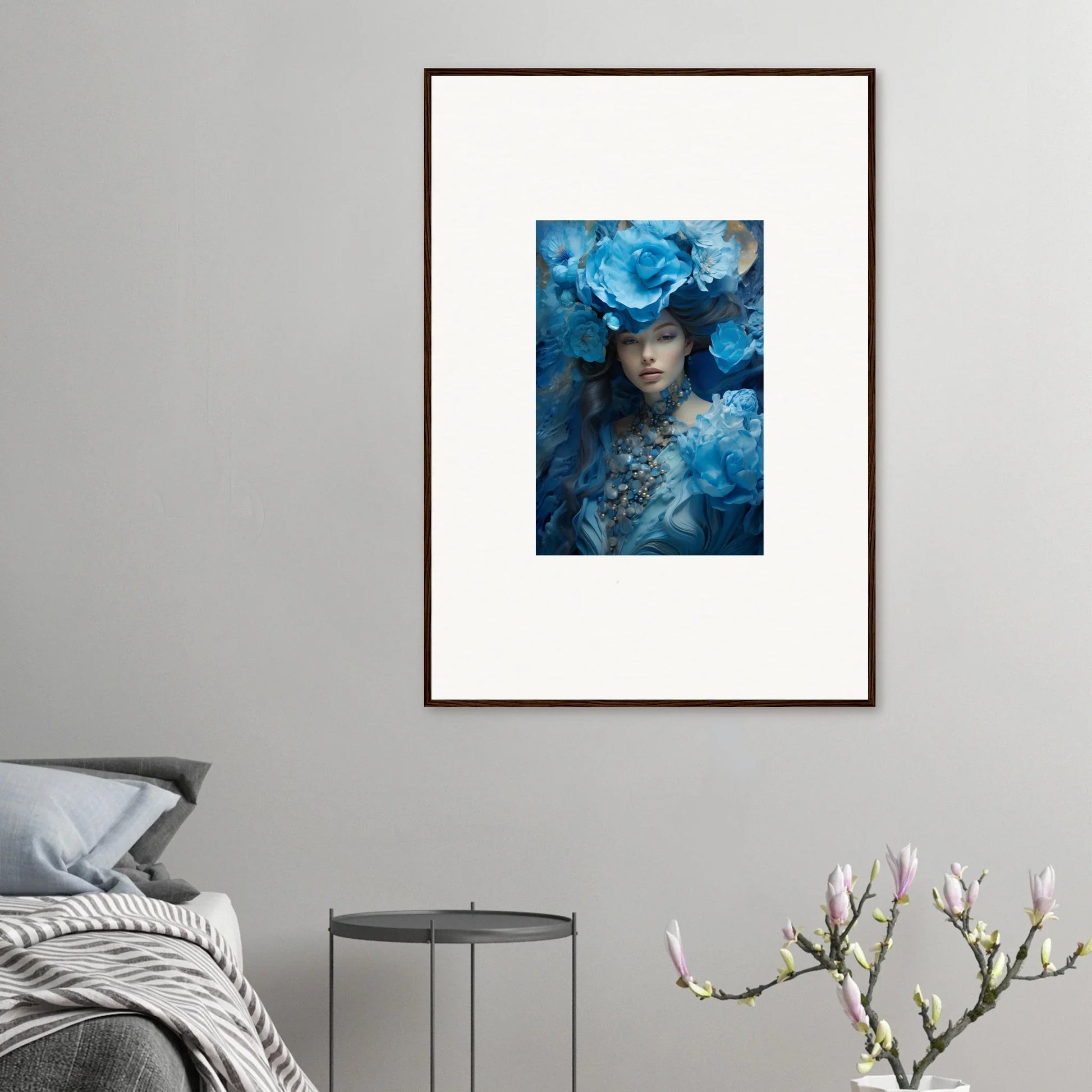 Framed canvas print of Dreaming Blue Symphony with floral elements for room decoration