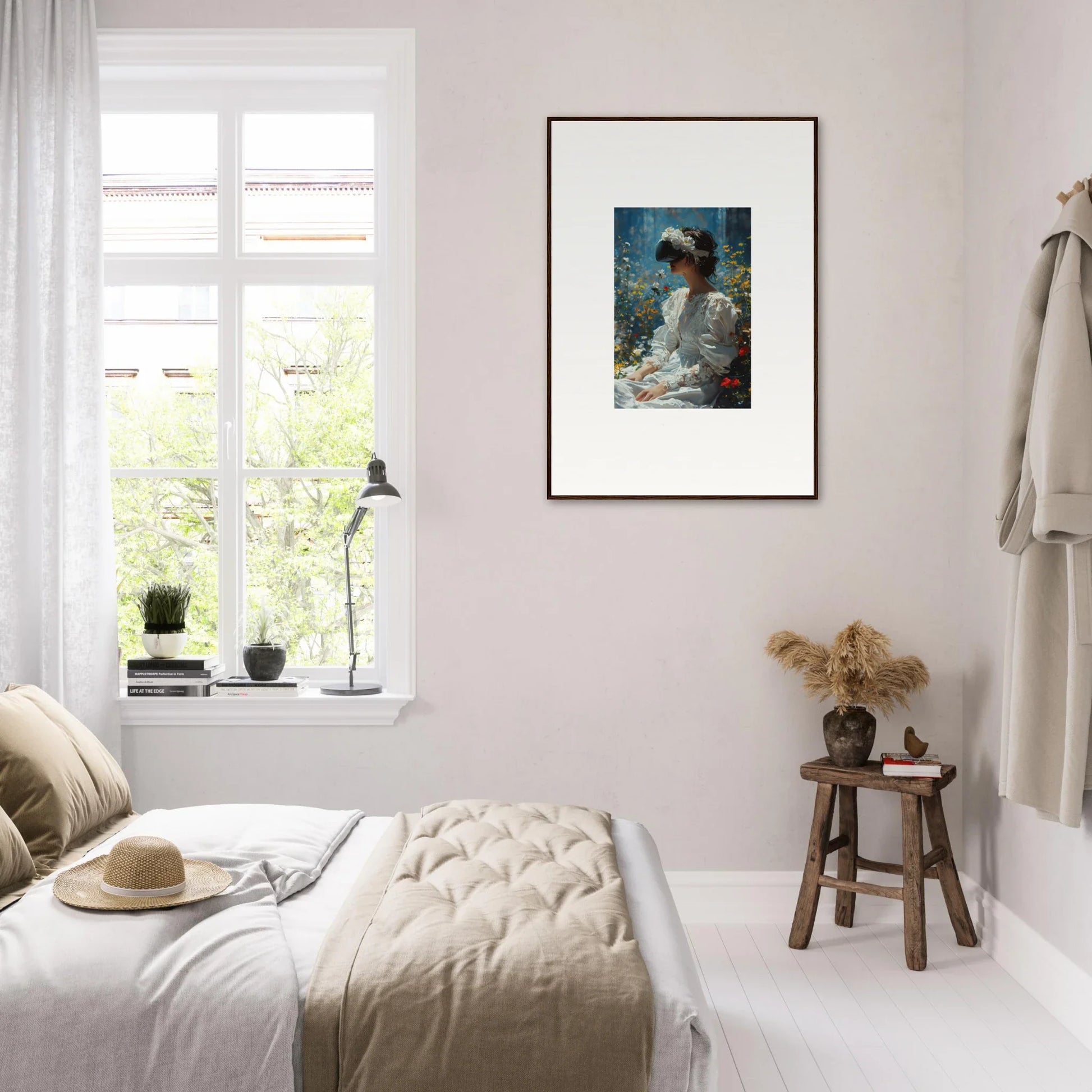 Cozy bedroom with a Bloom Reverie canvas print for stylish room decoration