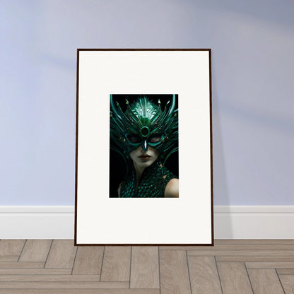 Framed canvas print of a masked figure with a green headdress for unique room decoration