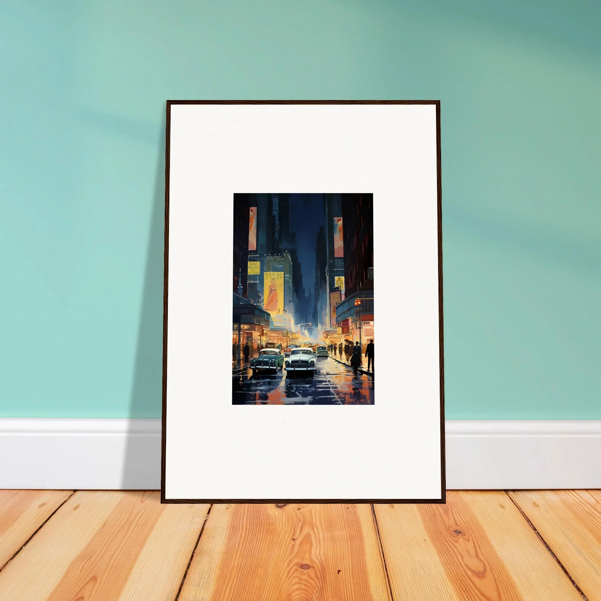 Framed canvas print of a rainy city street night for stylish room decoration