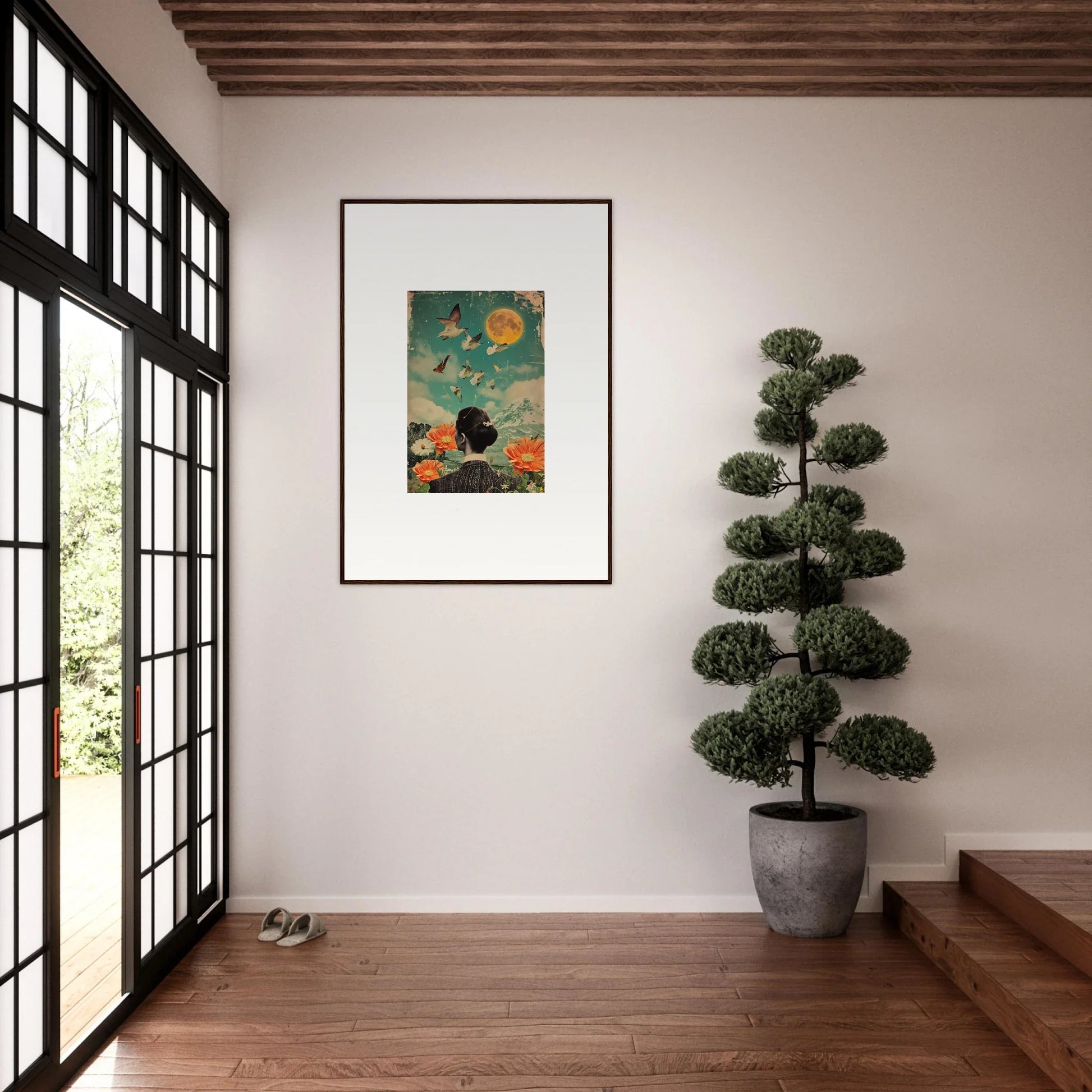 Framed canvas print of a silhouette admiring colorful fish and celestial bloom reverie