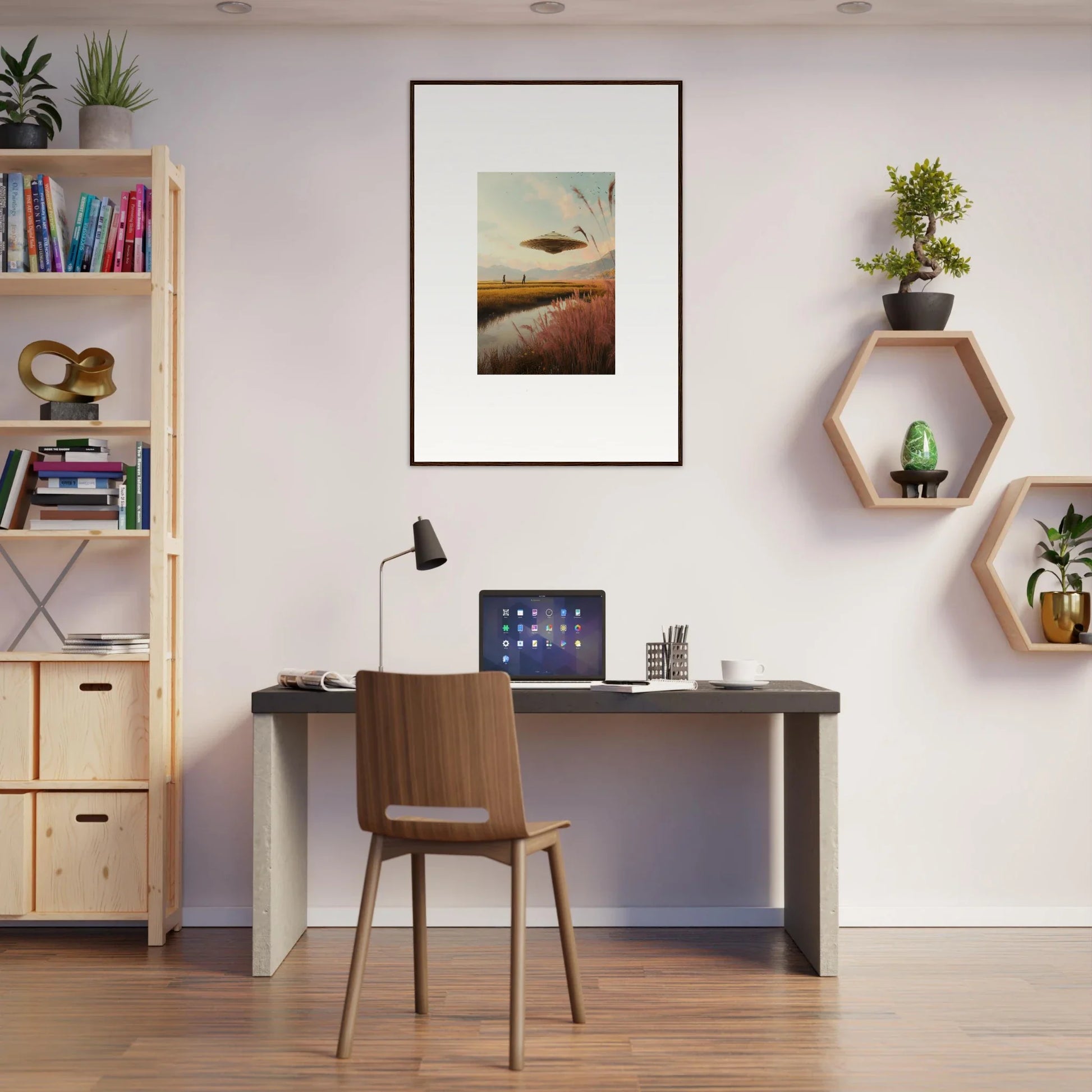 Minimalist home office featuring Meadow Raindancers wall art and stylish decor