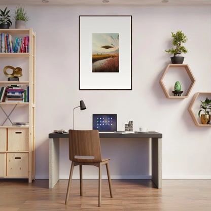 Minimalist home office featuring Meadow Raindancers wall art and stylish decor