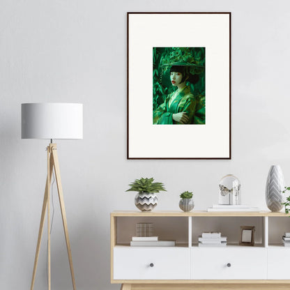 Framed portrait painting in green tones for a stylish room decoration called Flora’s Whispering Spectacle