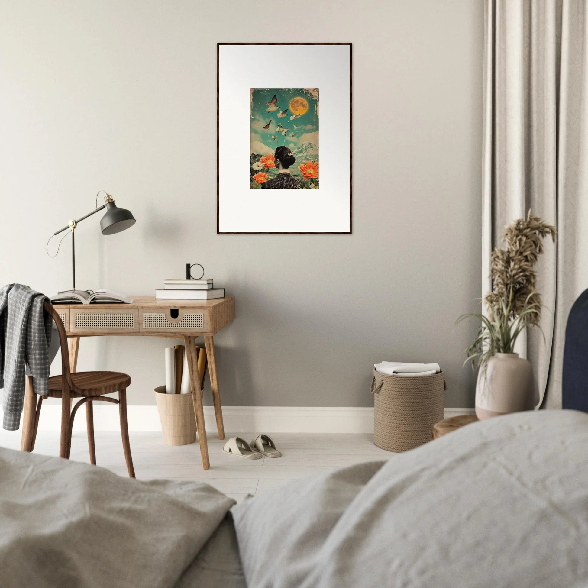 Framed canvas print of Lunar Bloom Reverie with a silhouette and colorful surreal sky