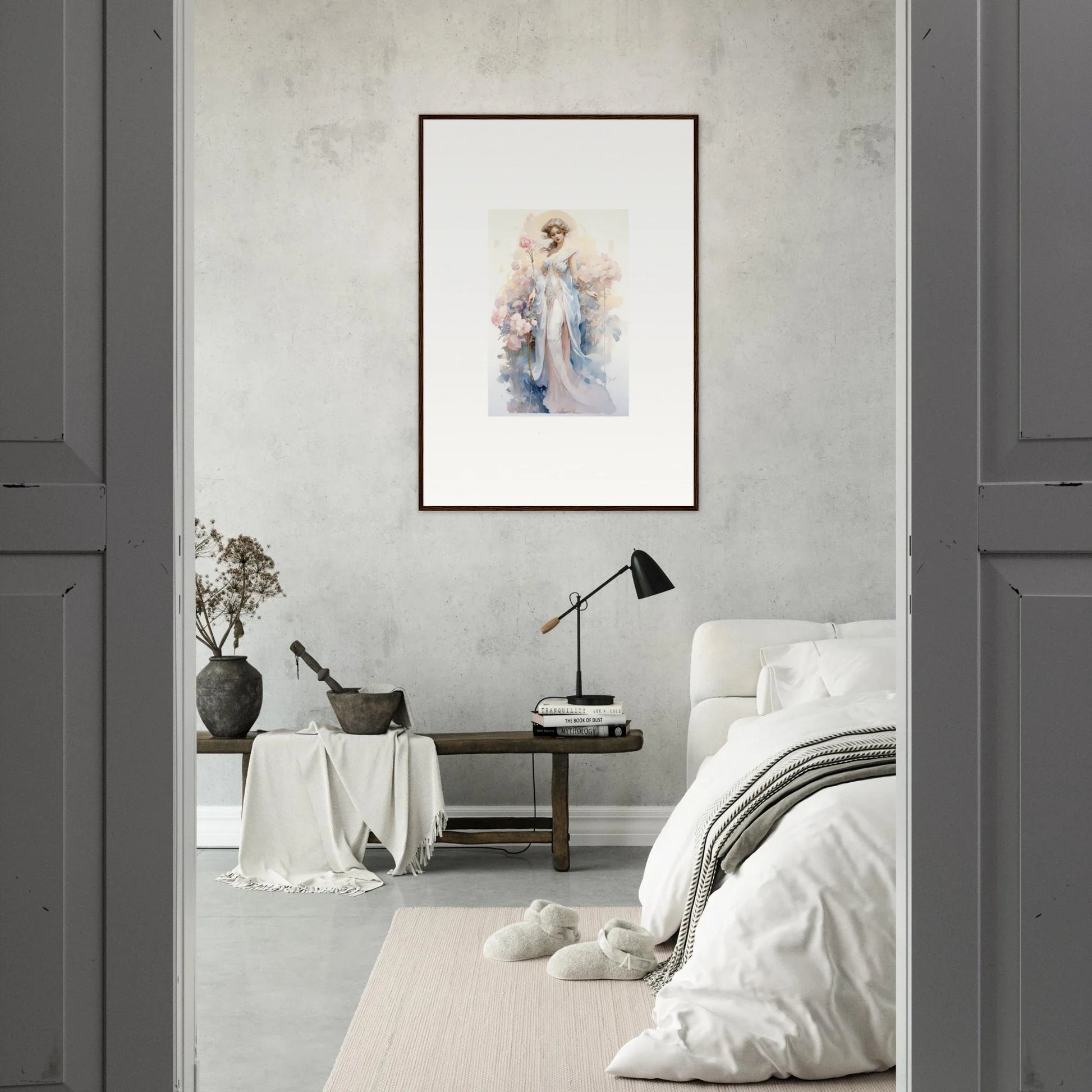 Framed watercolor artwork of an ethereal figure for blossom serenade room decoration