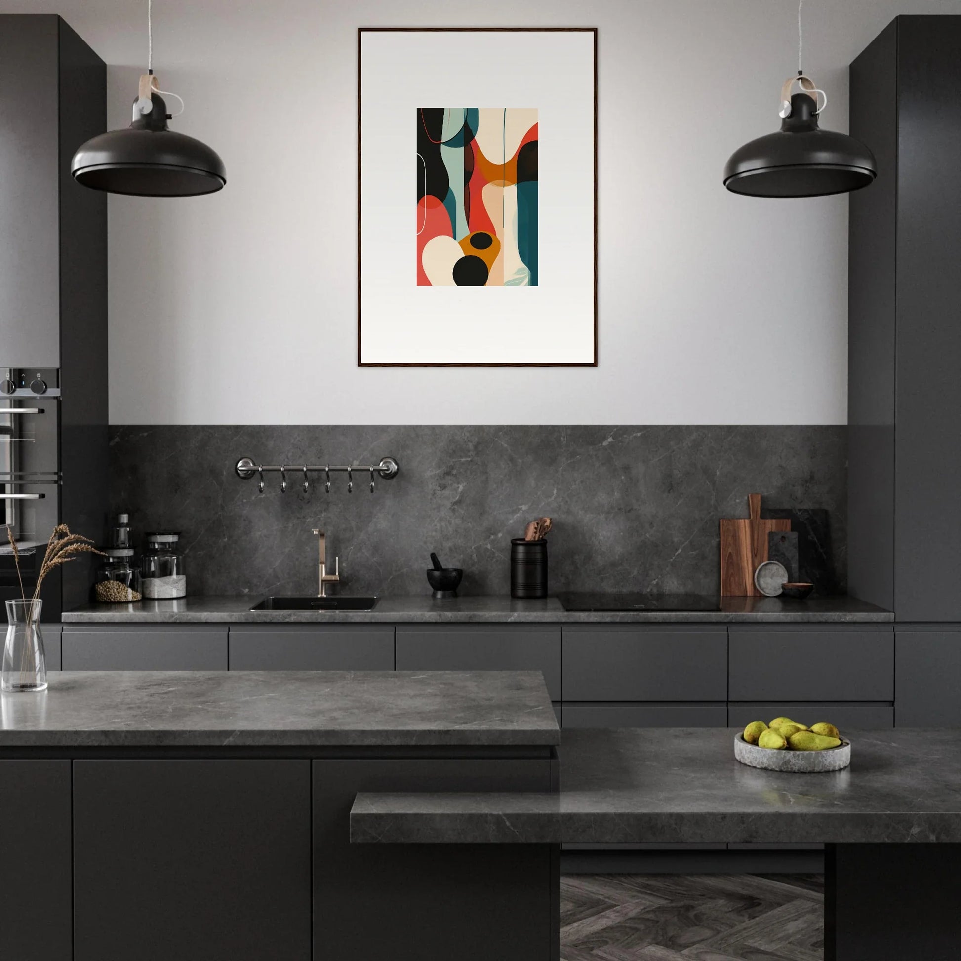 Modern kitchen with dark cabinetry featuring Troubadour Aria canvas print for room decoration