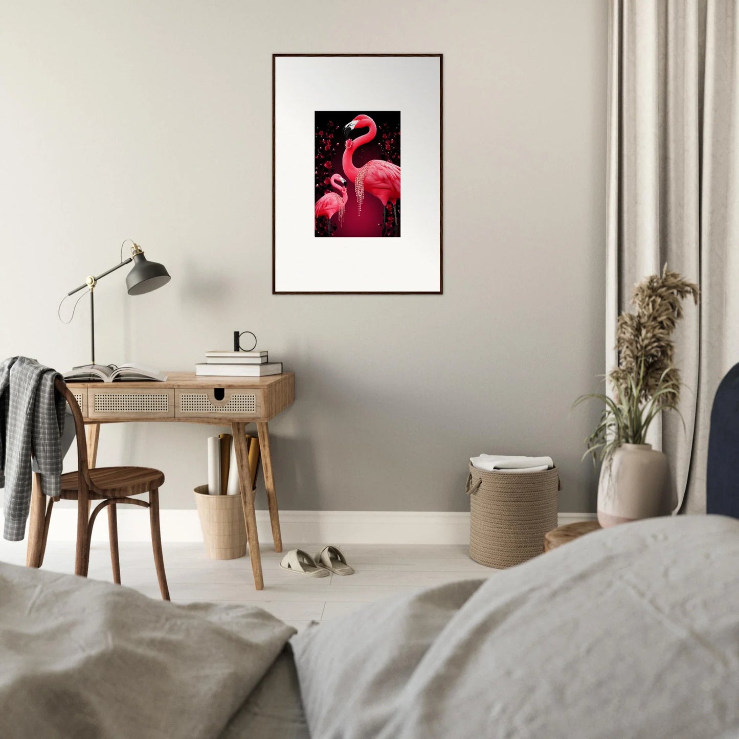 Vibrant pink flamingos wall art for stylish room decoration in a dark frame