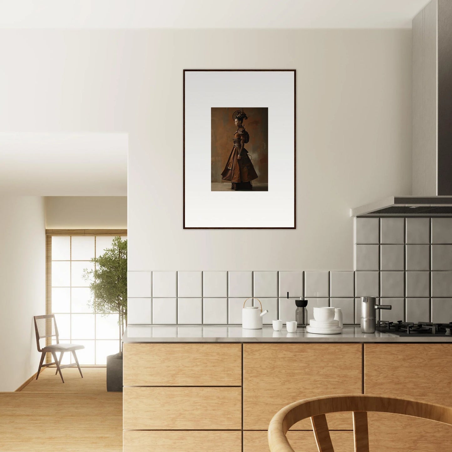 Modern kitchen with wooden cabinets and nostalgia chronicles canvas print for room decoration