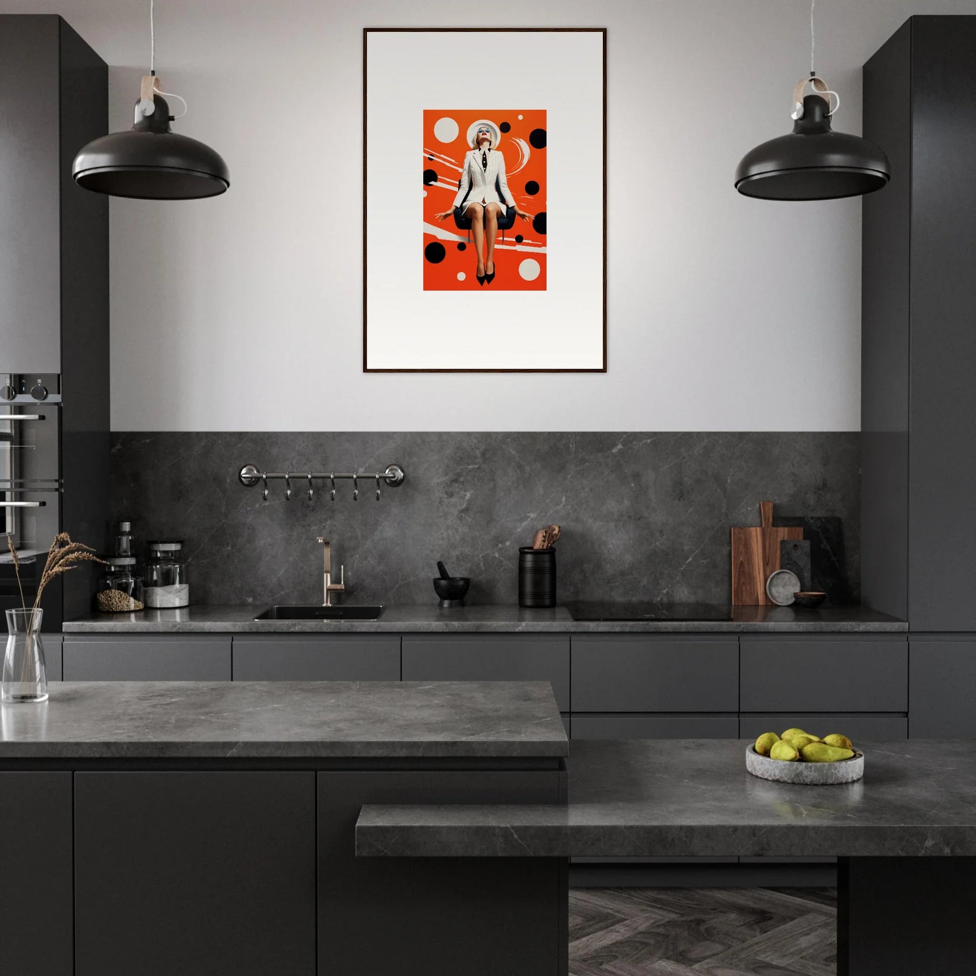 Modern kitchen with dark cabinetry and concrete tops, featuring a vibrant canvas print