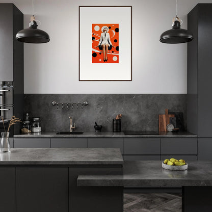 Modern kitchen with dark cabinetry and concrete tops, featuring a vibrant canvas print