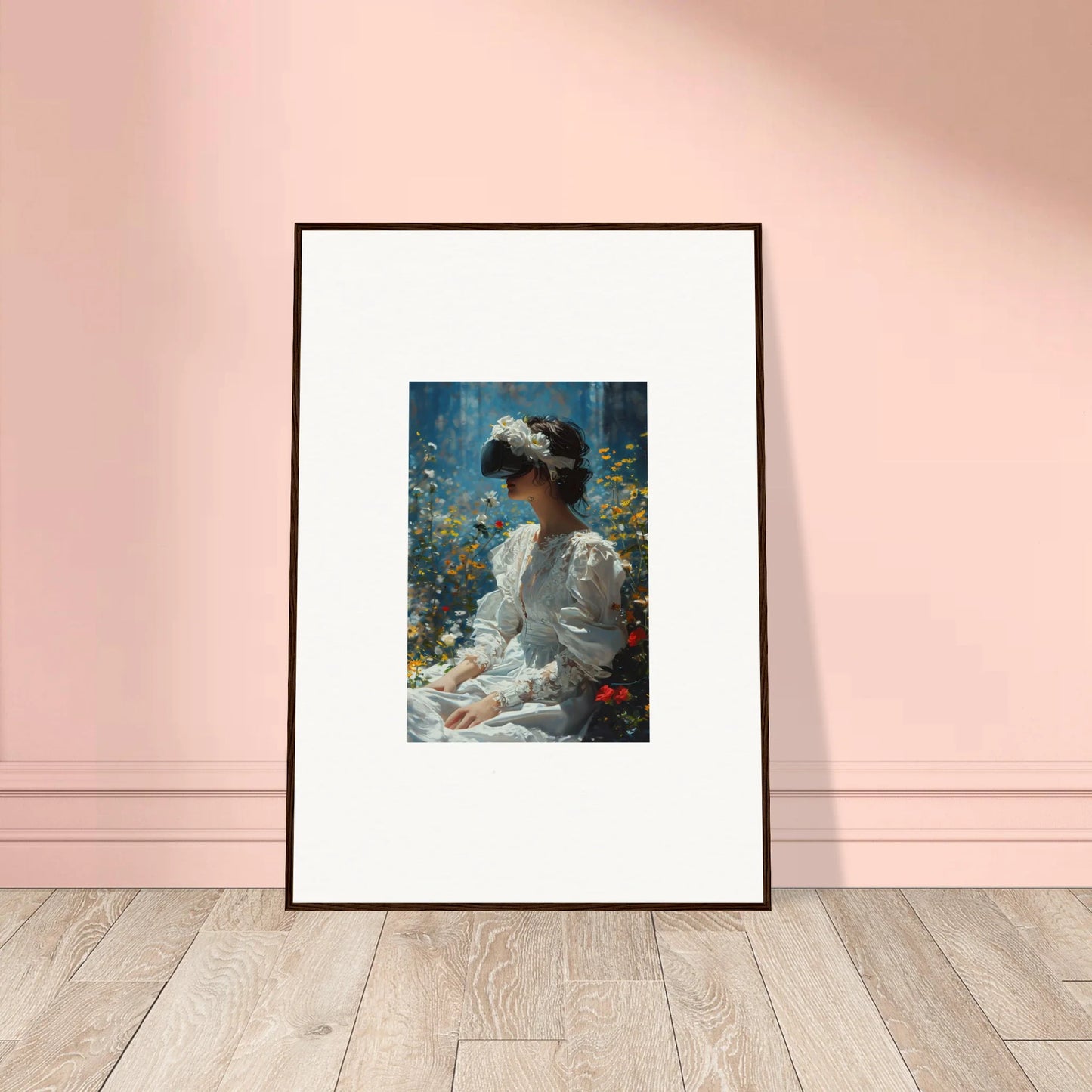 Framed canvas print of Bloom Reverie with a figure in white and colorful flowers