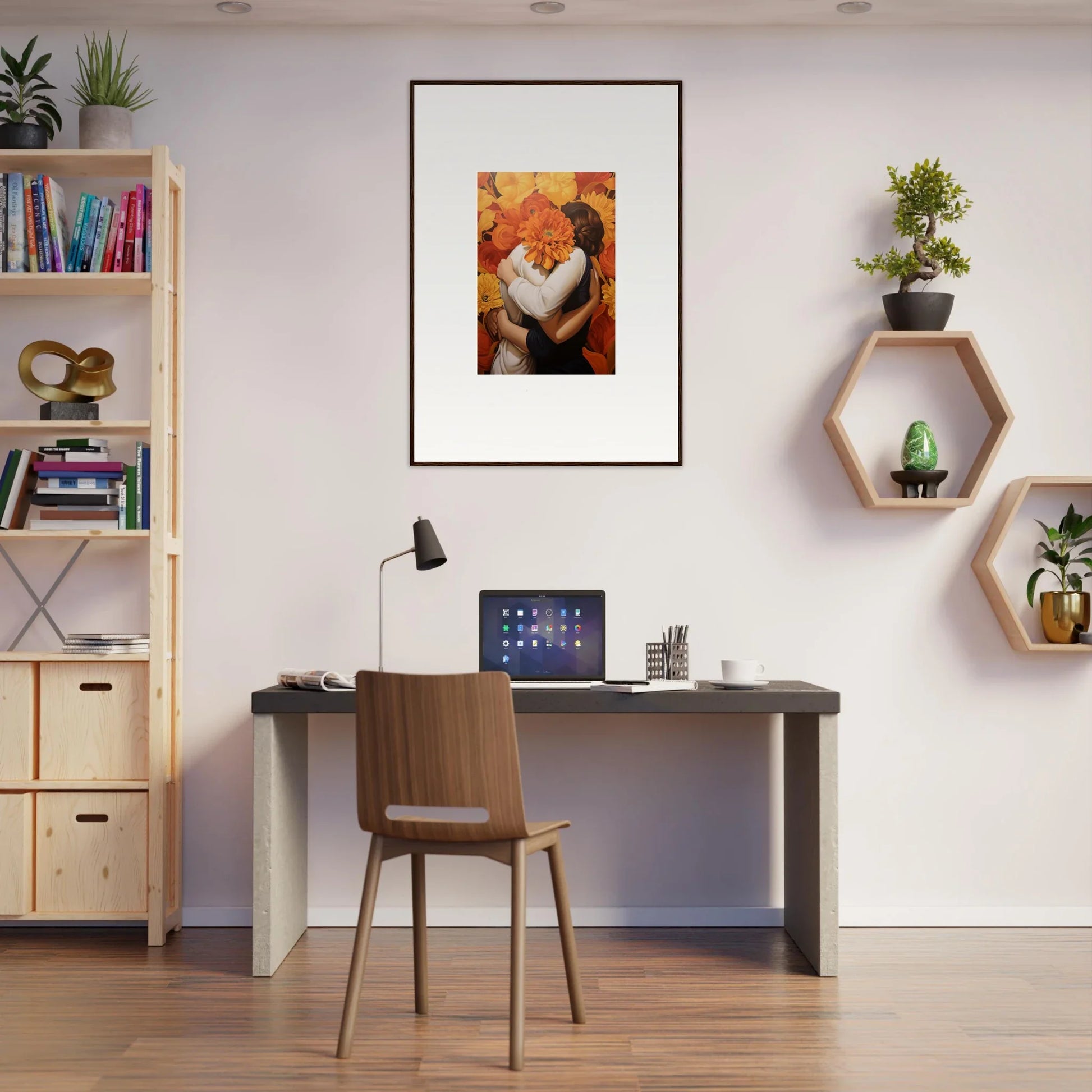 Home office workspace with desk, chair, and Floral Euphoria Embrace canvas print decor