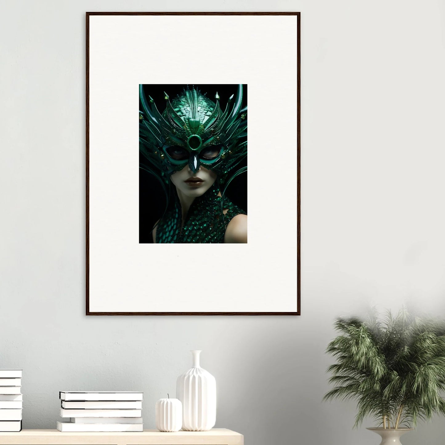 Framed canvas print of a mysterious figure in a green headdress for room decoration