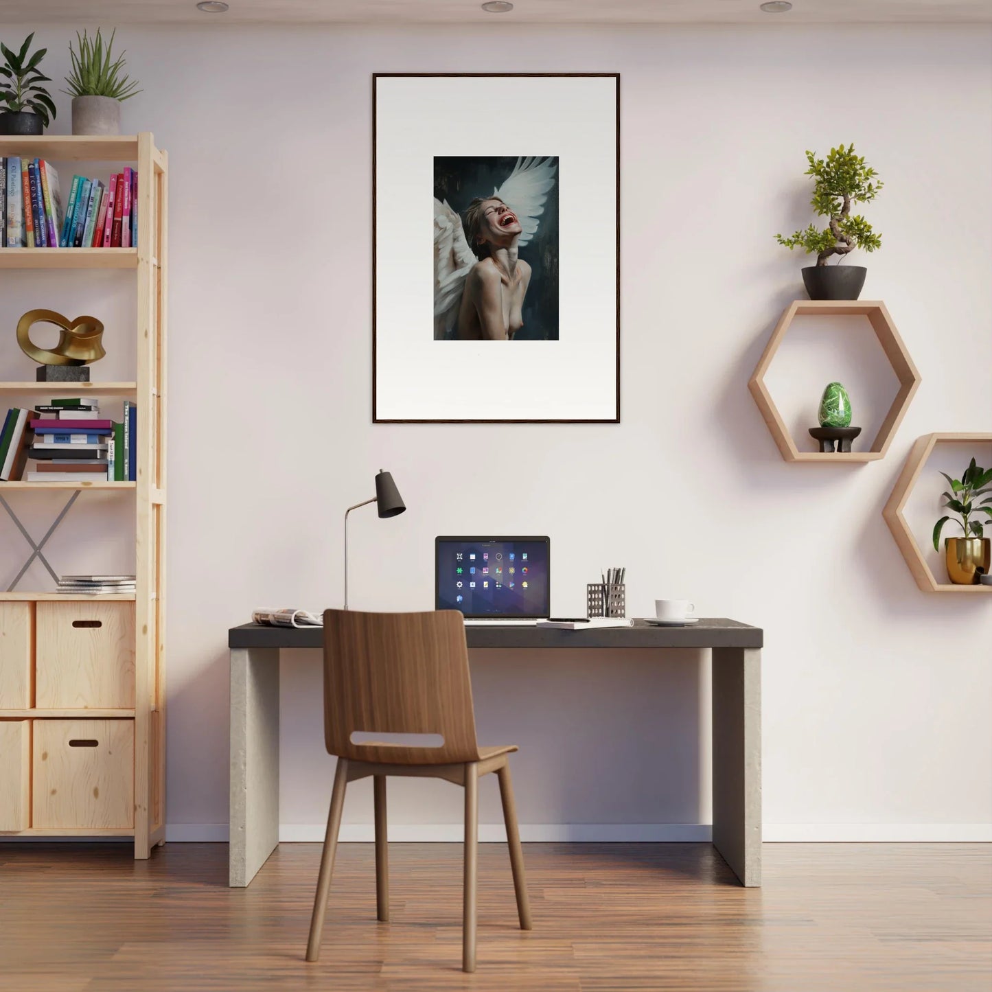 Modern home office with desk, chair, and wall art featuring Laughing Etheriad