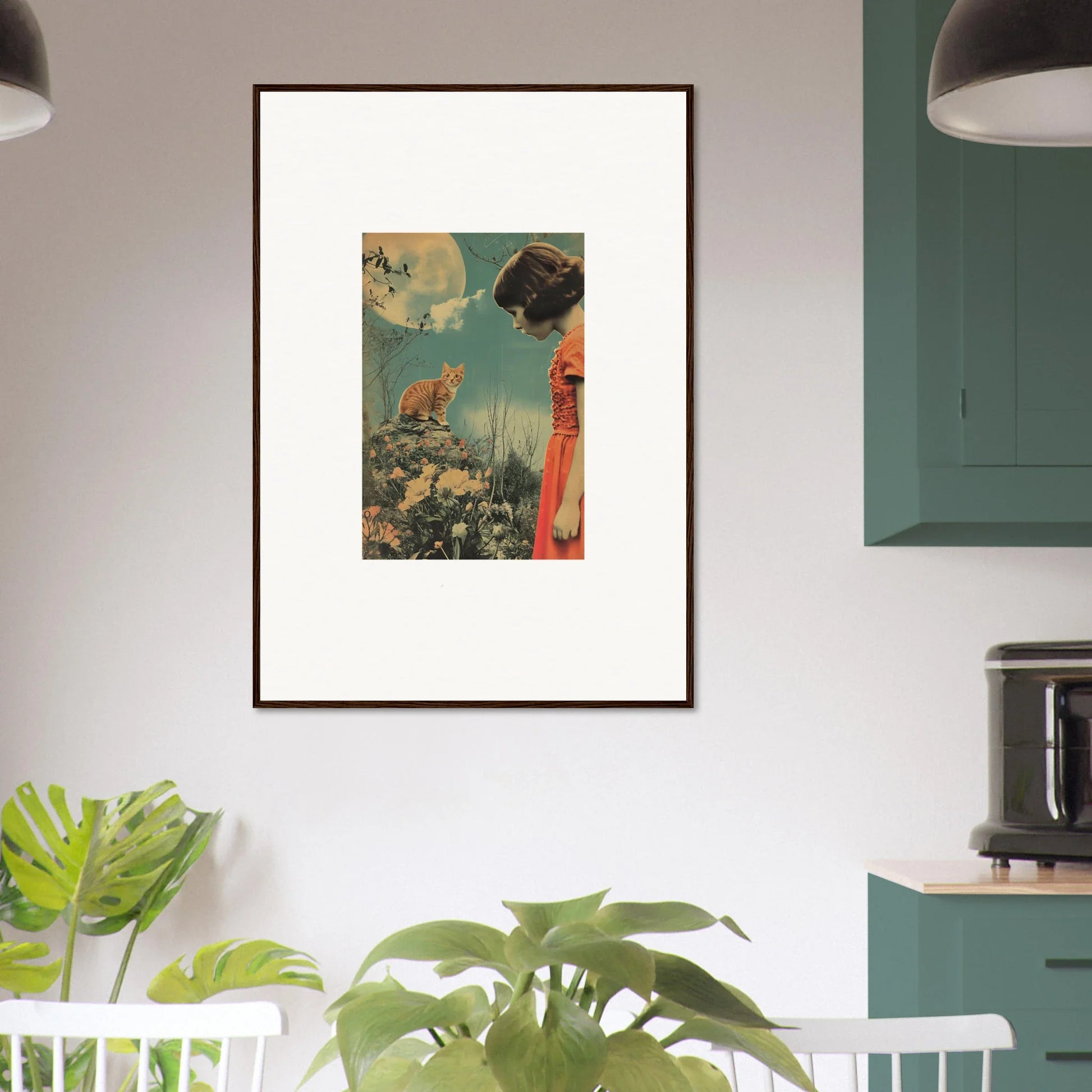 Surreal collage canvas print of a cat and clouds, perfect for Flora Reverie room decoration