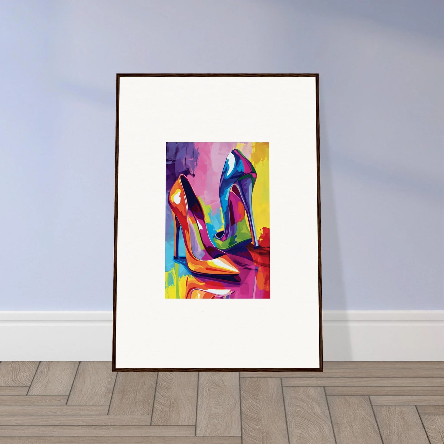 Framed colorful abstract painting of high-heeled shoes for trendy room decoration