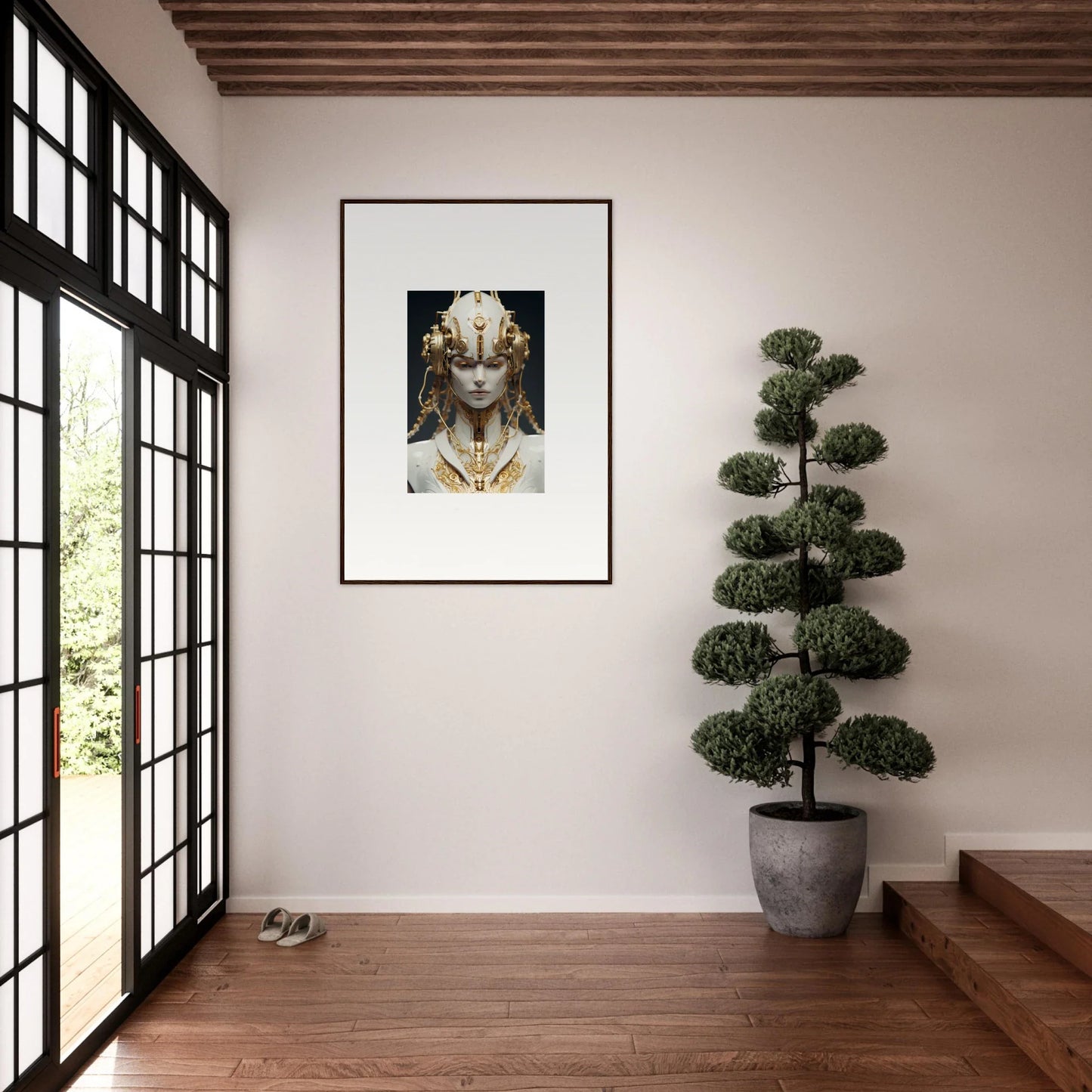 Framed canvas print of a figure in a golden headdress for room decoration, flux radiance