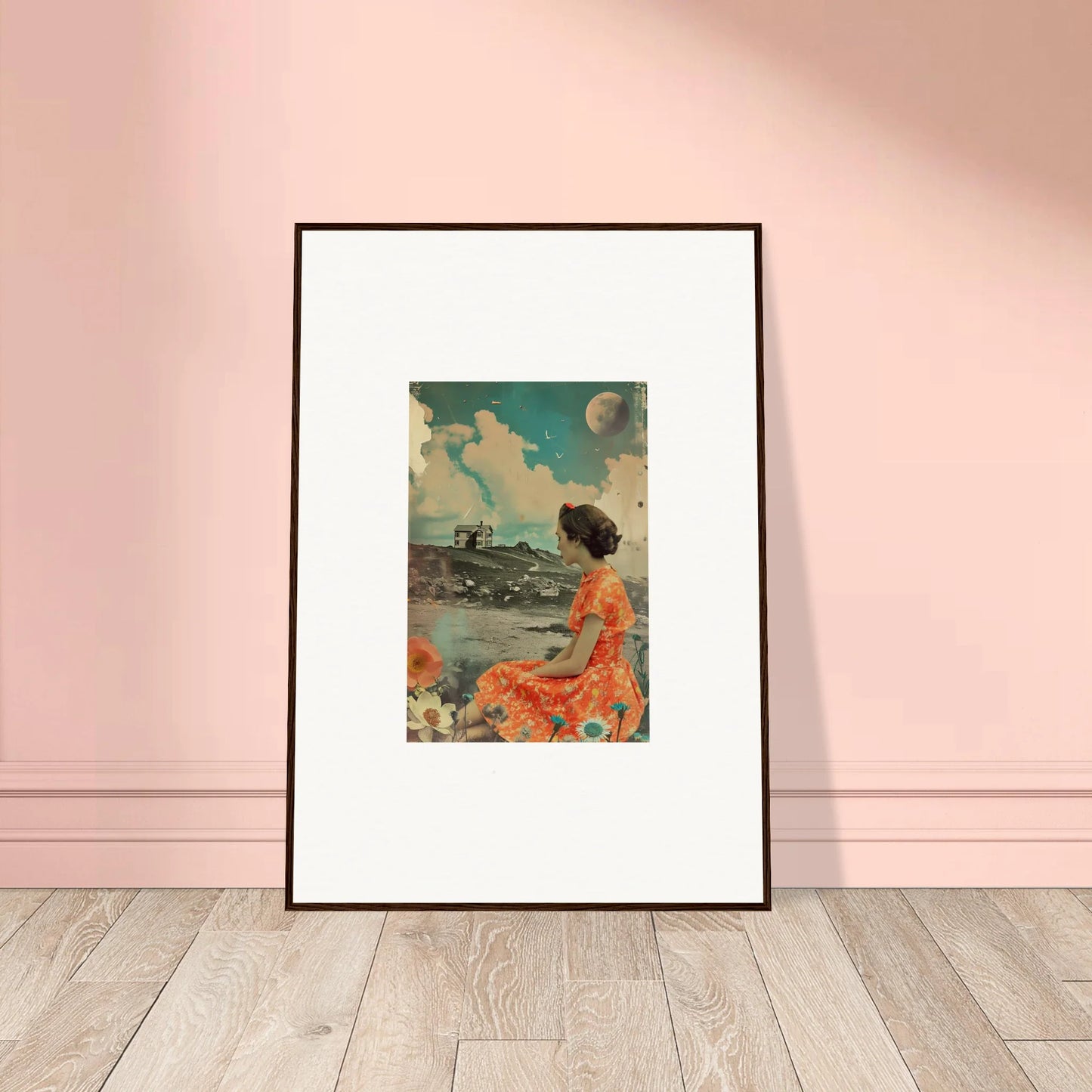 Framed canvas print of Color Reverie with a figure in an orange dress and surreal landscape