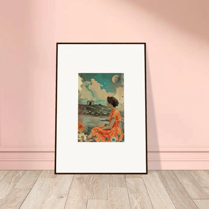 Framed canvas print of Color Reverie with a figure in an orange dress and surreal landscape