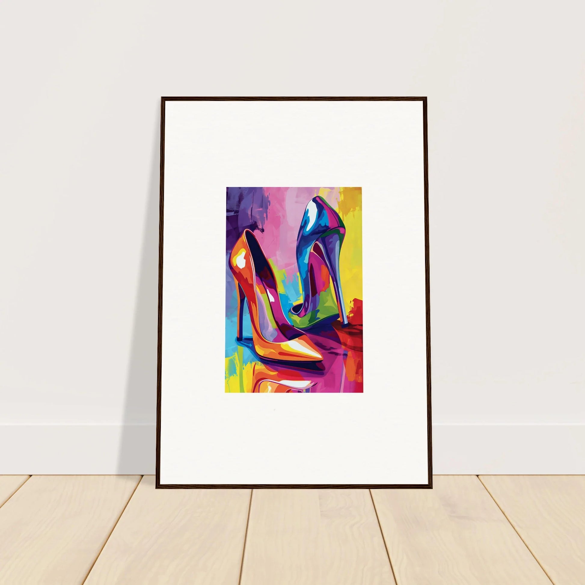 Framed colorful canvas print of high-heeled shoes for stylish room decoration