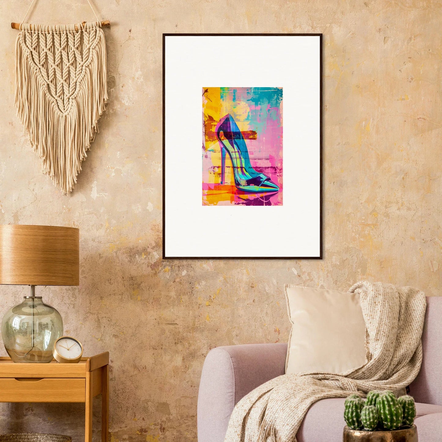 Framed colorful abstract painting of a high-heeled shoe for stylish room decor noir reverie