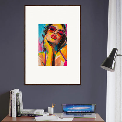 Colorful canvas print of a woman in sunglasses, perfect for room decoration with Mind Prism vibes