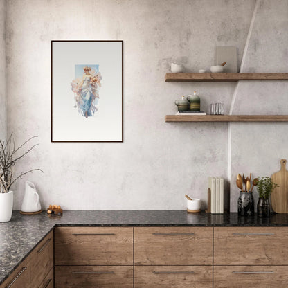 Modern kitchen with wooden cabinets and artwork, perfect for room decoration and bouquet waltz