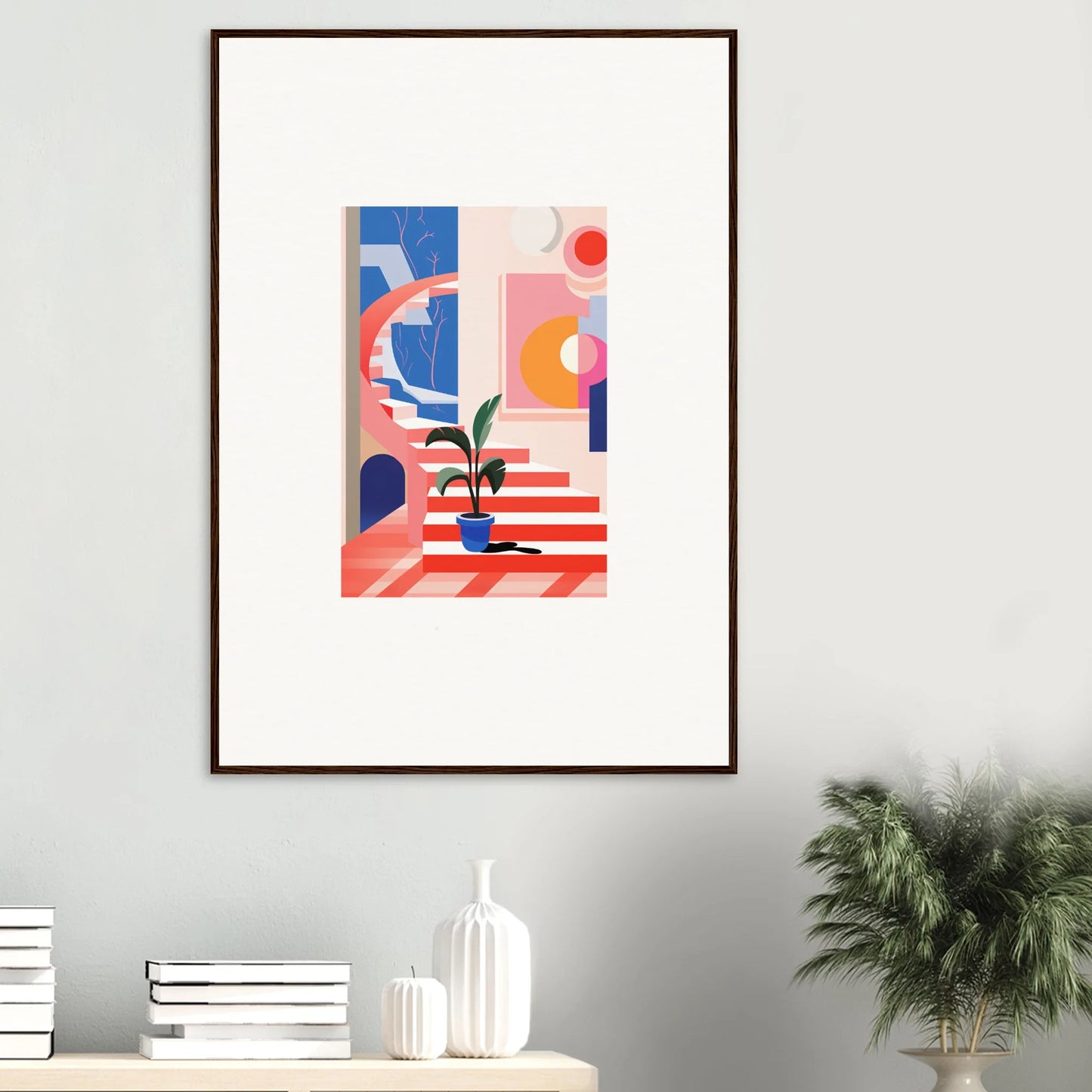 Colorful framed abstract geometric art with a plant, perfect for Quantum Gardens room decoration