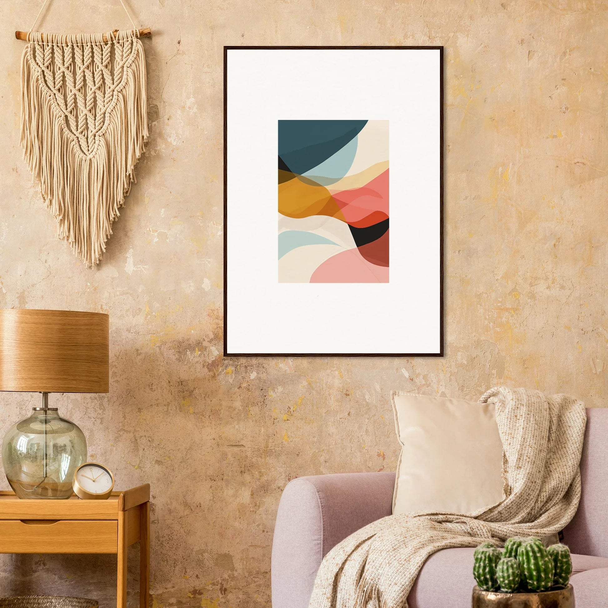 Framed abstract canvas print with curved shapes in muted colors for stylish room decoration