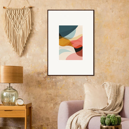 Framed abstract canvas print with curved shapes in muted colors for stylish room decoration