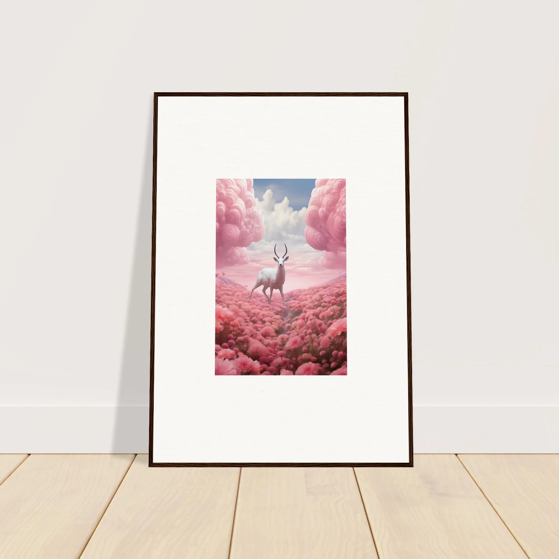 Framed canvas print of a deer in a pink landscape, perfect for berry collision room decoration